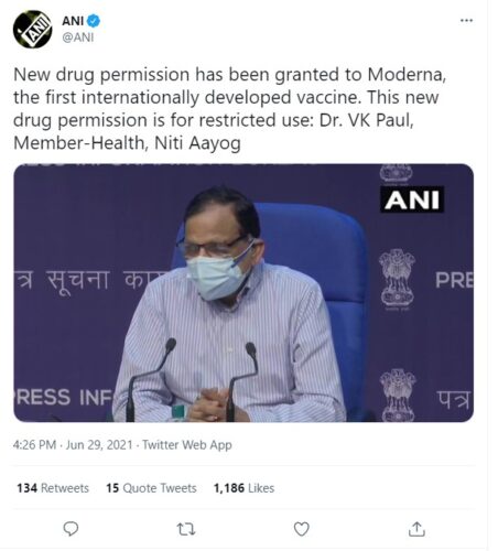 Moderna ਵੈਕਸੀਨ ਨੂੰ ਭਾਰਤ ‘ਚ ਮਿਲੀ ਮਨਜ਼ੂਰੀ