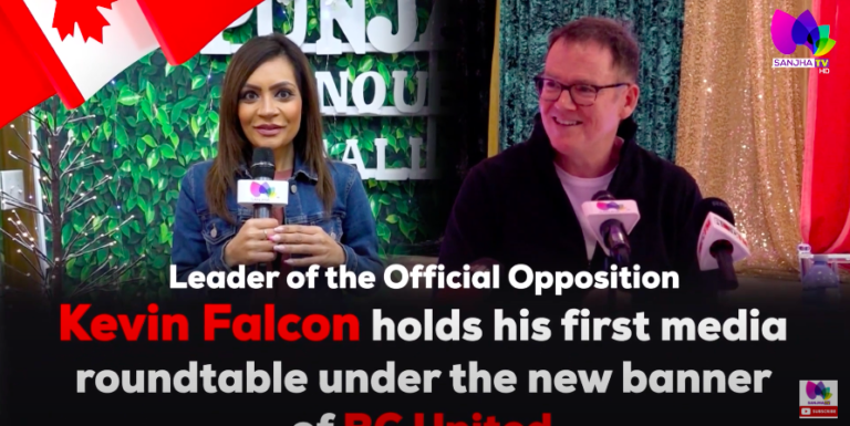 Kevin Falcon holds his first media rountable under the new banner of BC United .